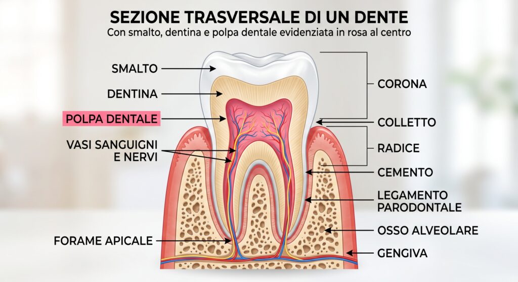 Sezione trasversale illustrata di un dente con smalto, dentina e polpa dentale evidenziata in rosa al centro, stile didattico moderno luce naturale